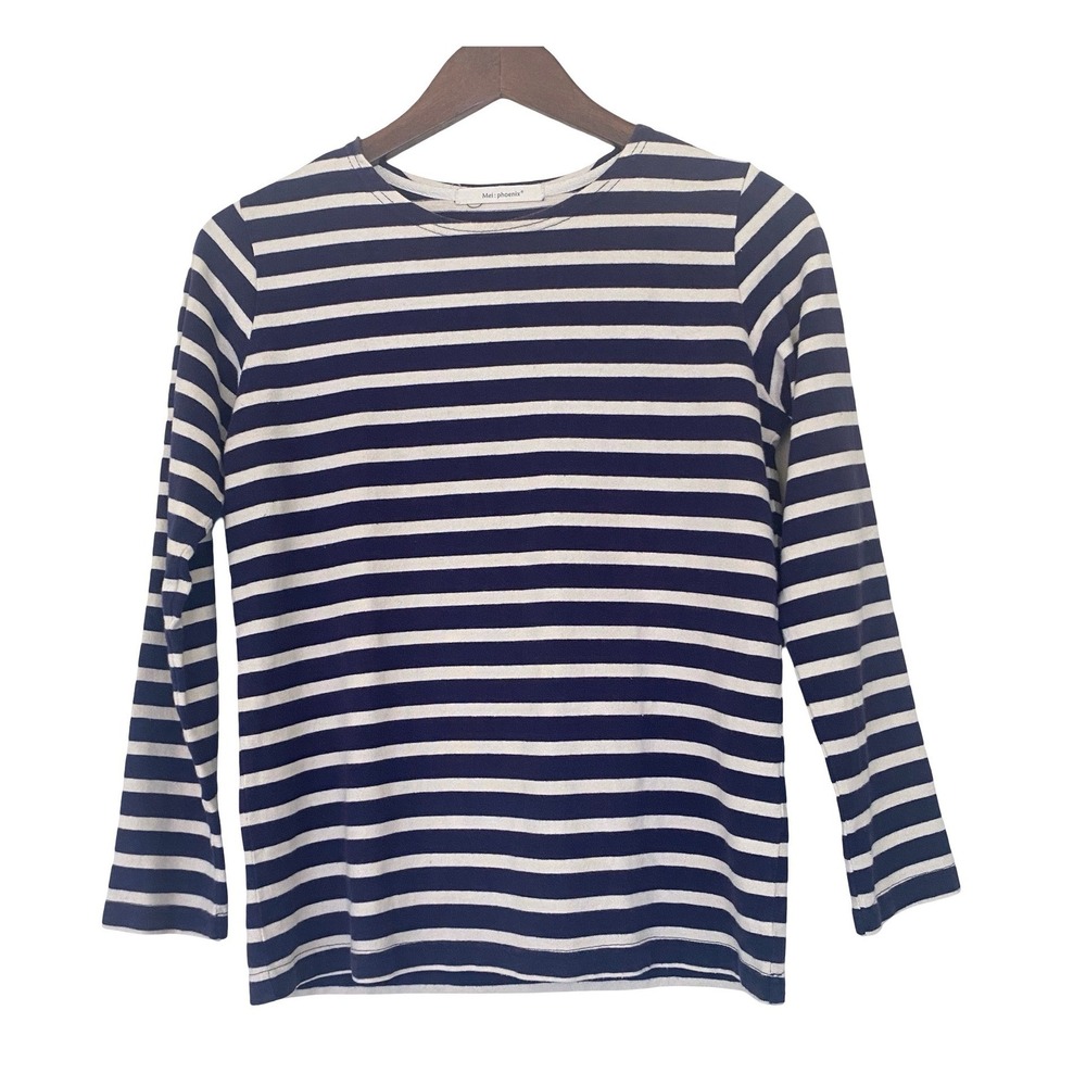 Mei phoenix Striped Women Long Sleeve Top One Size Navy Cream‎ Nautical Cotton